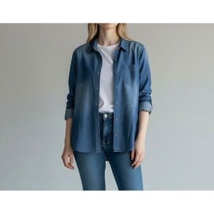 Christopher & Banks Petite Medium Blue Denim Chambray Button Shirt 100% Cotton